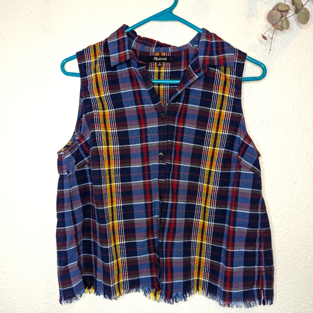 Madewell Plaid Button Down Tank Top with Fringe and Collar Medium